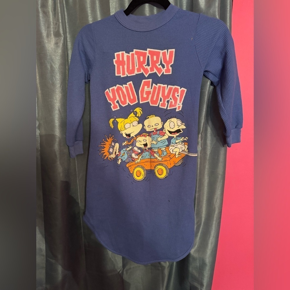 RUGRATS  Vintage NIGHTGOWN “Hurry You Guys” Blue Thermal Knit 1998 Graphic